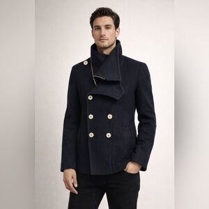 Peacebird Men’s Navy Wool-Blend Pea Coat Jacket, Size Large